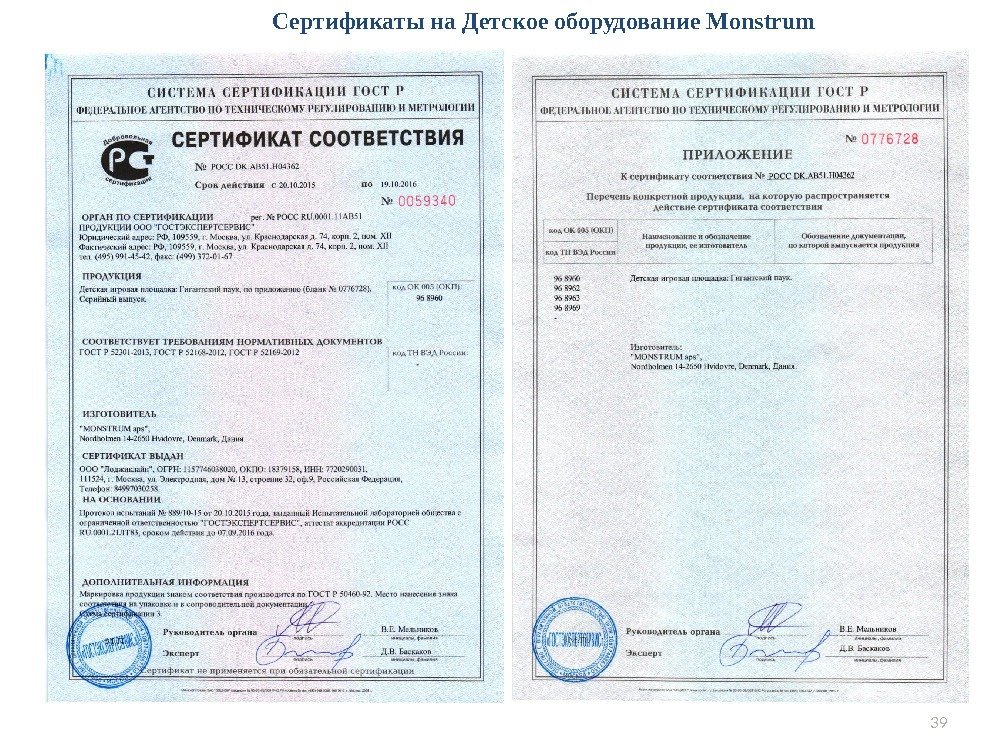 39 Сертификаты на Детское оборудование Monstrum 