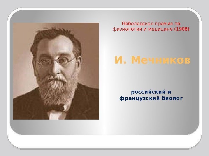 И. Мечников Нобелевская премия по физиологии и медицине (1908) российский и французский биолог 