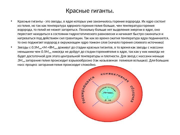 Красные гиганты.  • Красные гиганты - это звезды, в ядре которых уже закончилось