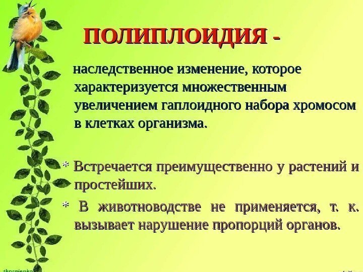 ПОЛИПЛОИДИЯ -  наследственное изменение, которое характеризуется множественным увеличением гаплоидного набора хромосом в клетках