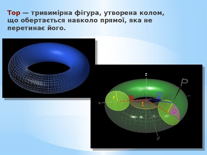 Тор — тривимірна фігура, утворена колом,  що обертається навколо прямої, яка не перетинає
