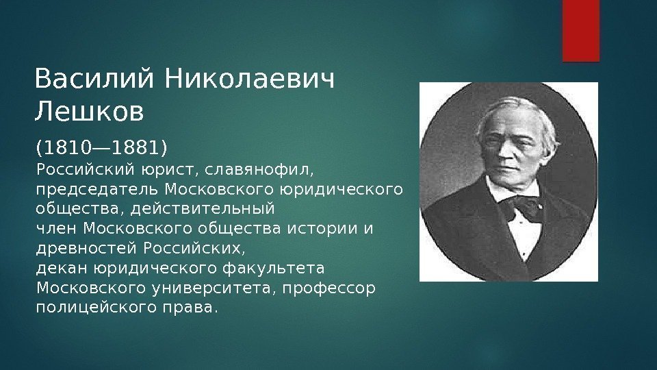 Василий Николаевич Лешков (1810— 1881) Российский юрист, славянофил,  председатель. Московского юридического общества, действительный