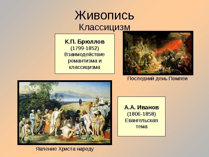 Живопись Классицизм К. П. Брюллов (1799 -1852) Взаимодействие романтизма и классицизма А. А. Иванов