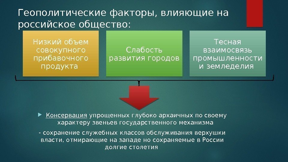Геополитические факторы, влияющие на российское общество:  Консервация упрощенных глубоко архаичных по своему характеру