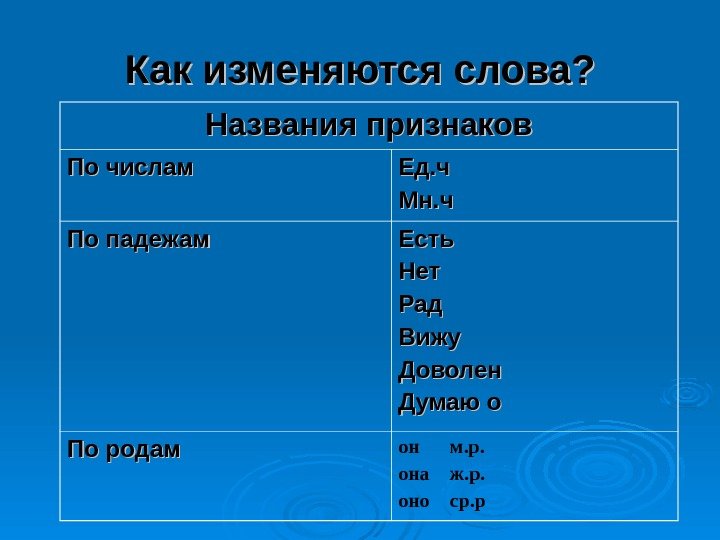   Как изменяются слова? Названия признаков По числам Ед. ч Мн. ч По