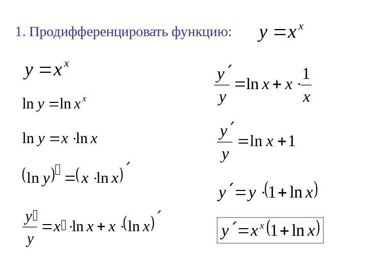 1. Продифференцировать функцию: x xylnln xxylnln xxxx y y lnln x xx y y