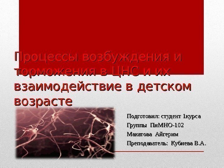 Процессы возбуждения и торможения в ЦНС и их взаимодействие в детском возрасте Подготовил: студент