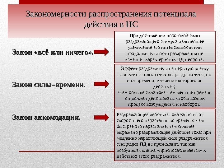 Закономерности распространения потенциала действия в НС  Закон «всё  илиили  ничего» .