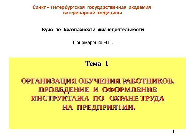   1 Санкт – Петербургская государственная академия  ветеринарной медицины Курс по безопасности