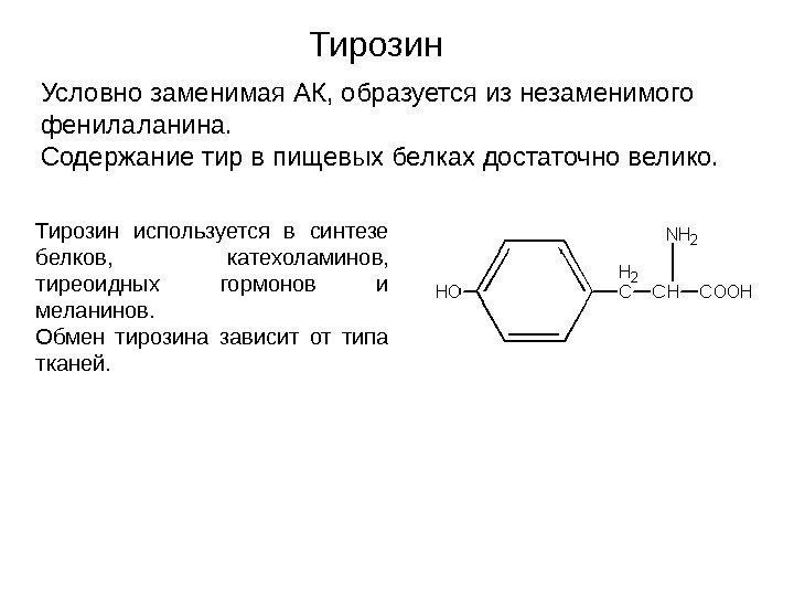   Условно заменимая АК, образуется из незаменимого фенилаланина.  Содержание тир в пищевых