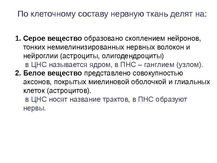 1. Серое вещество образовано  скоплением нейронов,  тонких немиелинизированных нервных волокон и нейроглии