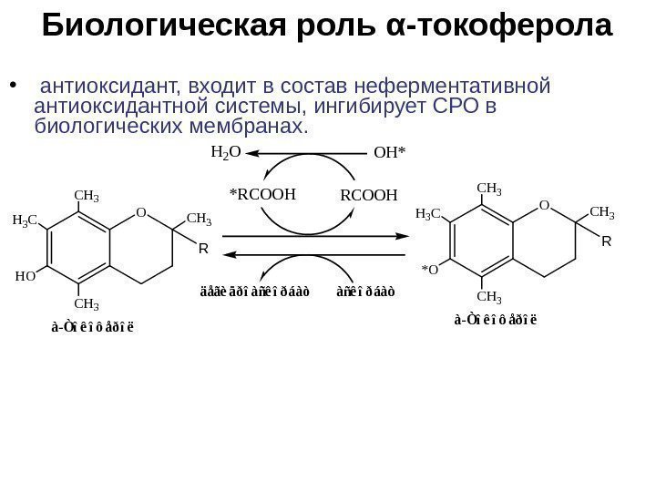 Биологическая роль α -токоферола •  антиоксидант, входит в состав неферментативной антиоксидантной системы, ингибирует