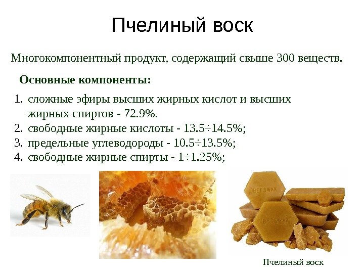 Пчелиный воск Многокомпонентный продукт, содержащий свыше 300 веществ.  1. сложные эфиры высших жирных