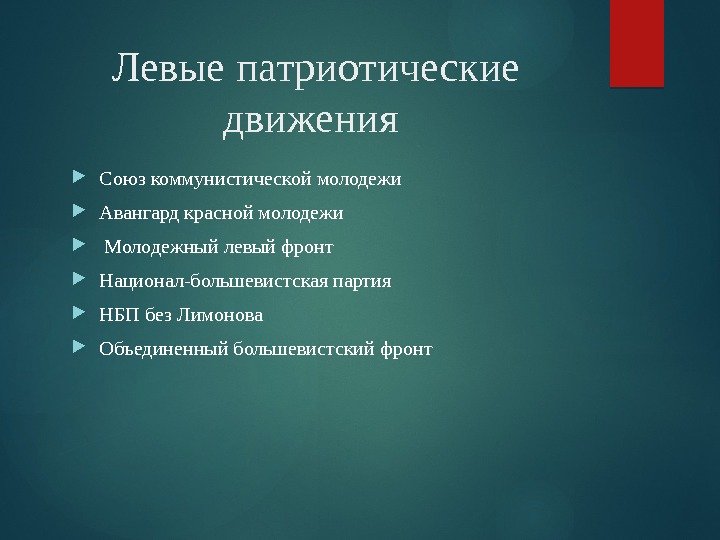 Левые патриотические движения  Союз коммунистической молодежи  Авангард красной молодежи  Молодежный левый