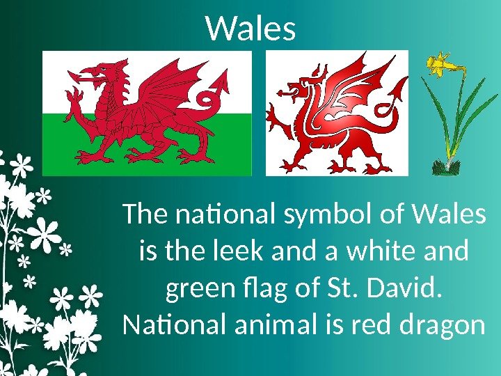 Wales The national symbol of Wales is the leek and a white and green
