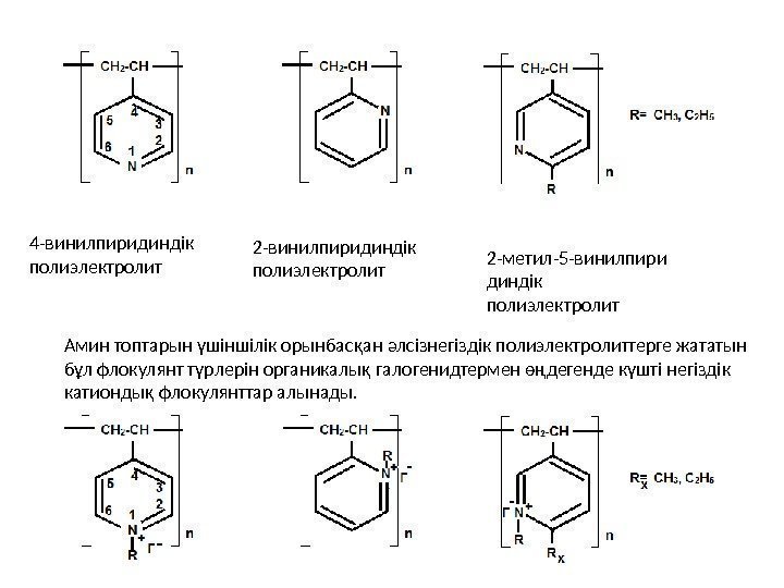 4 -винилпиридиндік полиэлектролит 2 -метил-5 -винилпири диндік полиэлектролит Амин топтарын үшіншілік орынбасқан әлсізнегіздік полиэлектролиттерге
