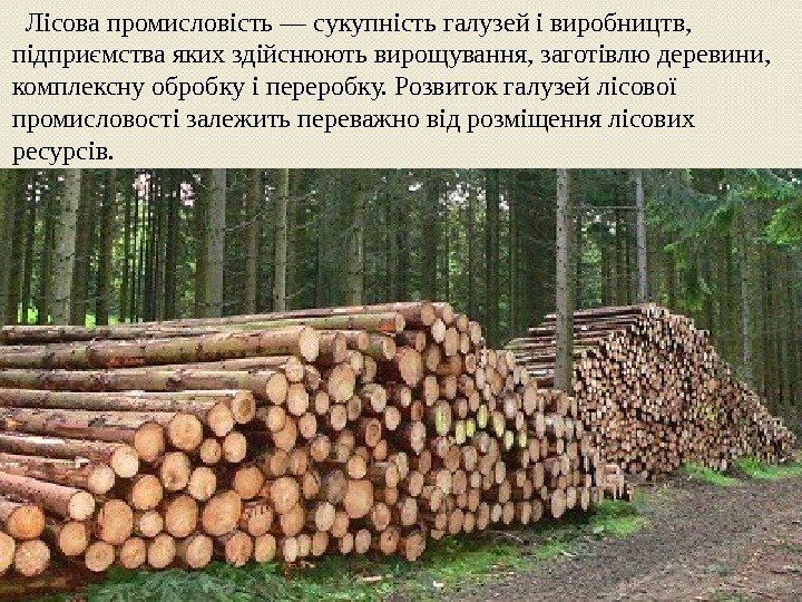    Лісова промисловість — сукупність галузей і виробництв,  підприємства яких здійснюють
