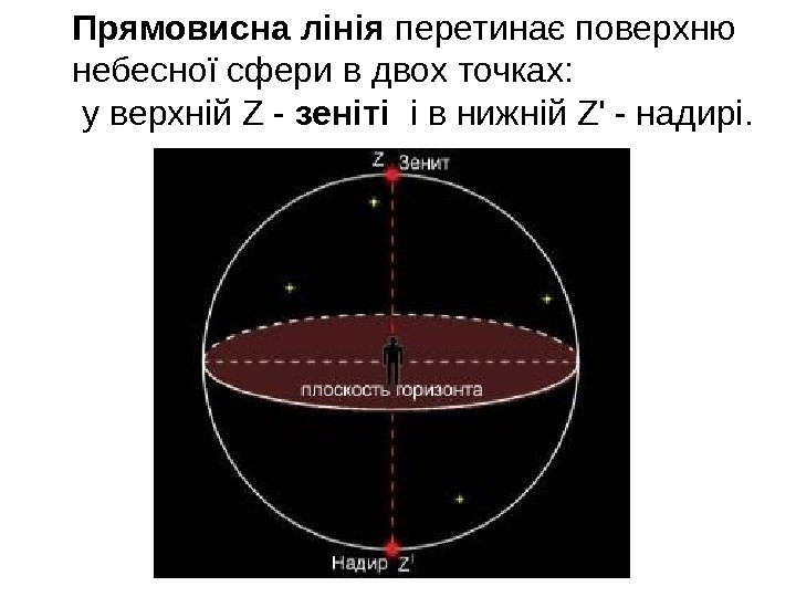   Прямовисна лінія перетинає поверхню небесної сфери в двох точках:  у верхній