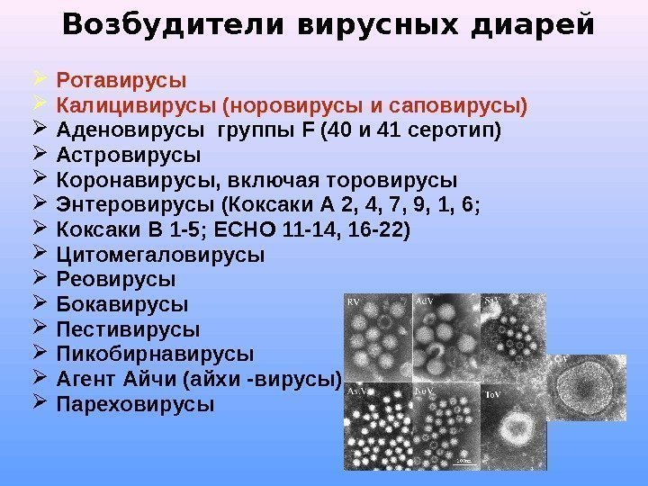 Возбудители вирусных диарей Ротавирусы Калицивирусы (норовирусы и саповирусы) Аденовирусы группы F (40 и 41