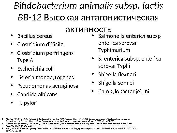 Bifidobacterium animalis subsp. lactis BB-12 Высокая антагонистическая активность • Bacillus cereus • Clostridium difficile