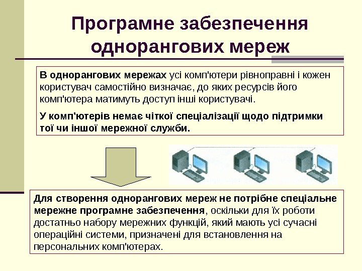 Програмне забезпечення однорангових мереж В однорангових мережах усі комп'ютери рівноправні і кожен користувач самостійно