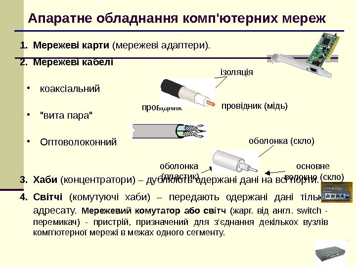 Апаратне обладнання комп'ютерних мереж 1. Мережеві карти (мережеві адаптери). 2. Мережеві кабелі • коаксіальний