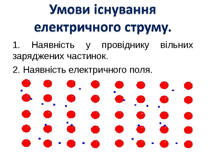   1.  Наявність у провіднику вільних заряджених частинок. 2. Наявність електричного поля.