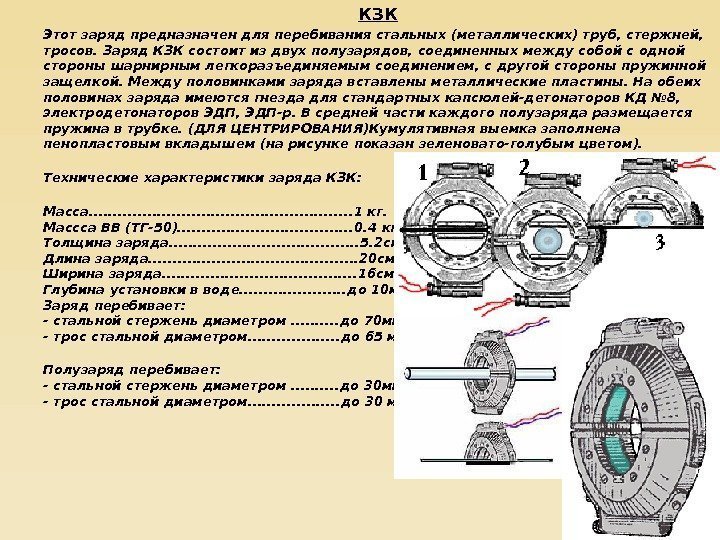 КЗК Этот заряд предназначен для перебивания стальных (металлических) труб, стержней,  тросов. Заряд КЗК