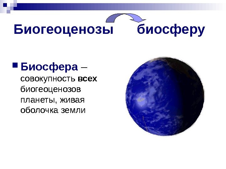   Биогеоценозы биосферу Биосфера –  совокупность всех биогеоценозов планеты, живая оболочка земли