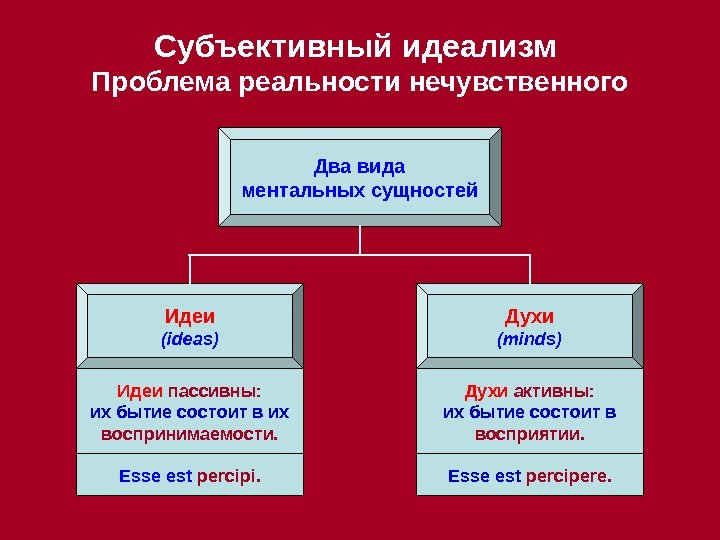 Два вида ментальных сущностей Идеи (ideas) Духи (minds)Субъективный идеализм Проблема реальности нечувственного Идеи 