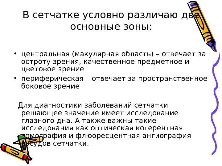 В сетчатке условно различаю две основные зоны:  • центральная (макулярная область) – отвечает