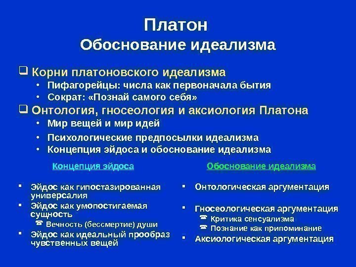 Платон  Обоснование идеализма Эйдос как гипостазированная универсалия Эйдос как умопостигаемая сущность Вечность (бессмертие)