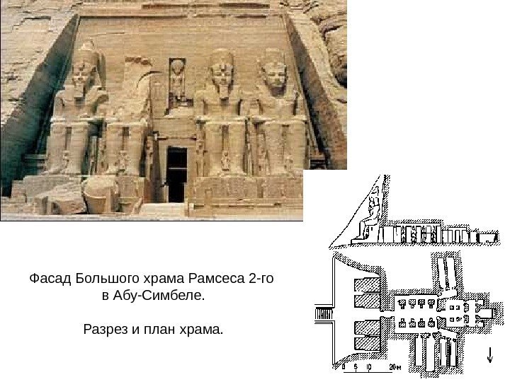 Фасад Большого храма Рамсеса 2 -го в Абу-Симбеле. Разрез и план храма. 