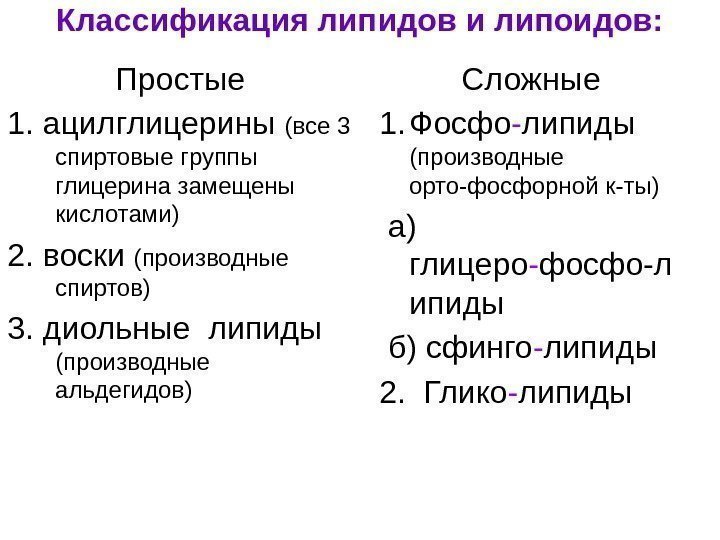 Классификация липидов и липоидов: Простые 1. ацилглицерины (все 3 спиртовые группы глицерина замещены кислотами)