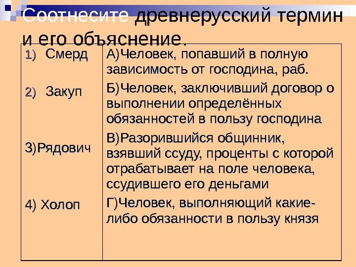 Соотнесите древнерусский термин и его объяснение. 1)1) Смерд 2)2) Закуп 3)Рядович 4) Холоп А)Человек,