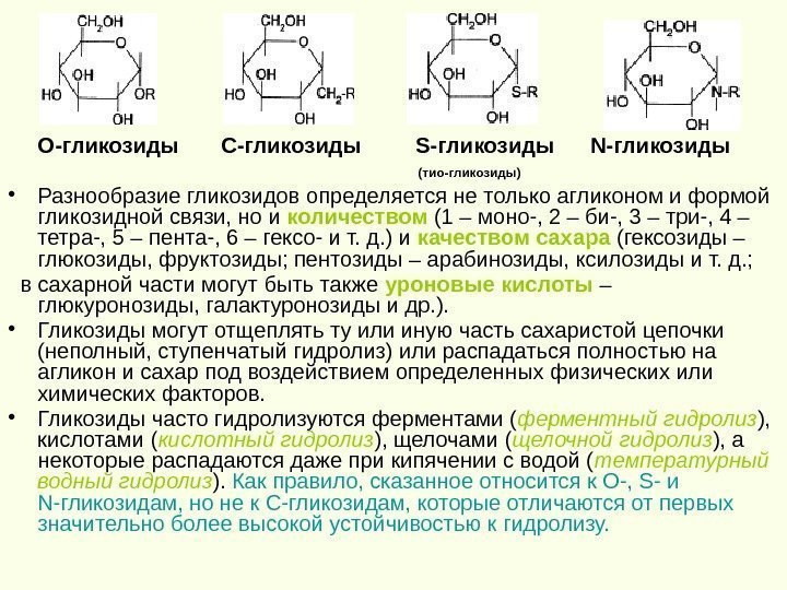  О-гликозиды  С-гликозиды   S-гликозиды N-гликозиды      