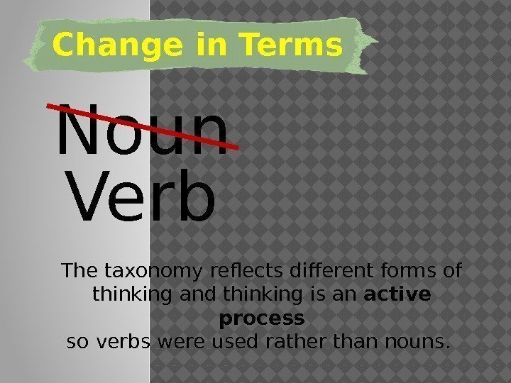 Change in Terms Noun Verb The taxonomy reflects different forms of thinking and thinking