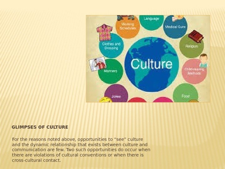 GLIMPSES OF CULTURE For the reasons noted above, opportunities to “see” culture and the