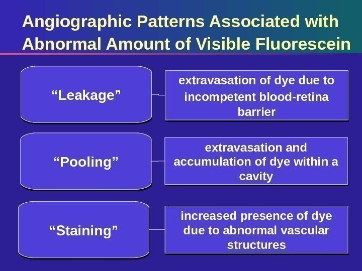 Angiographic Patterns Associated with Abnormal Amount of Visible Fluorescein extravasation of dye due to