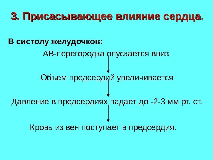 3. Присасывающее влияние сердца. В систолу желудочков:  АВ-перегородка опускается вниз Объем предсердий увеличивается