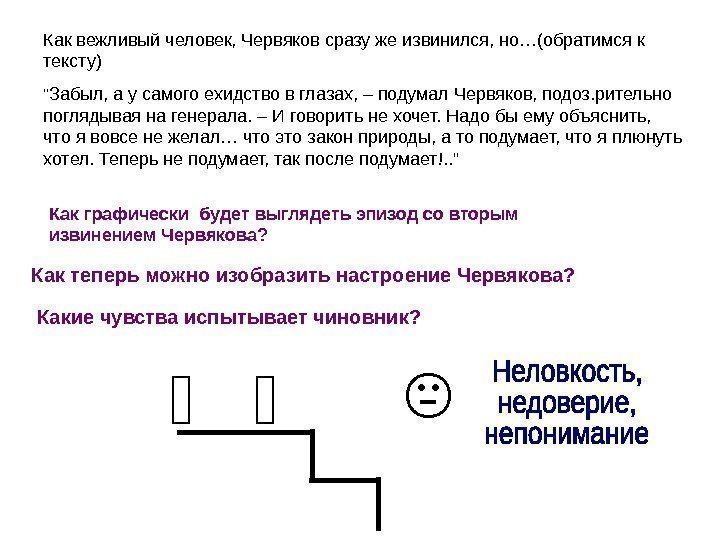   Как вежливый человек, Червяков сразу же извинился, но…(обратимся к тексту)  Забыл,