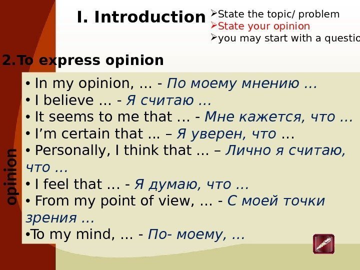  State the topic/ problem State your opinion you may start with a question.