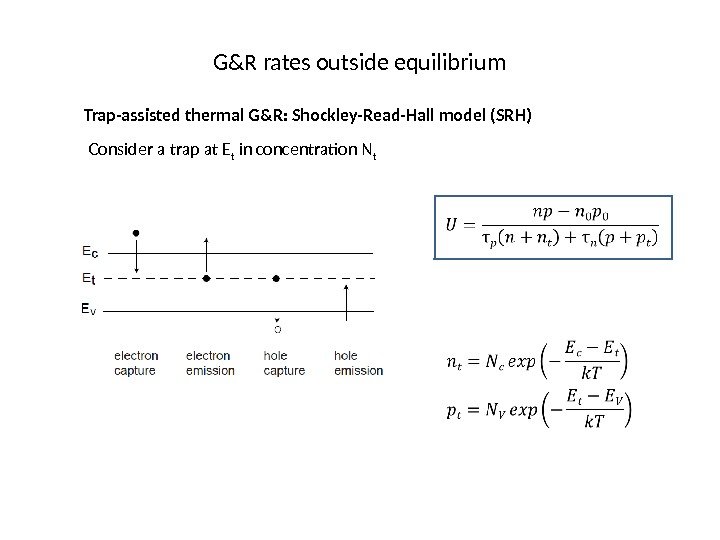 G&R rates outside equilibrium Trap-assisted thermal G&R: Shockley-Read-Hall model (SRH) Consider a trap at