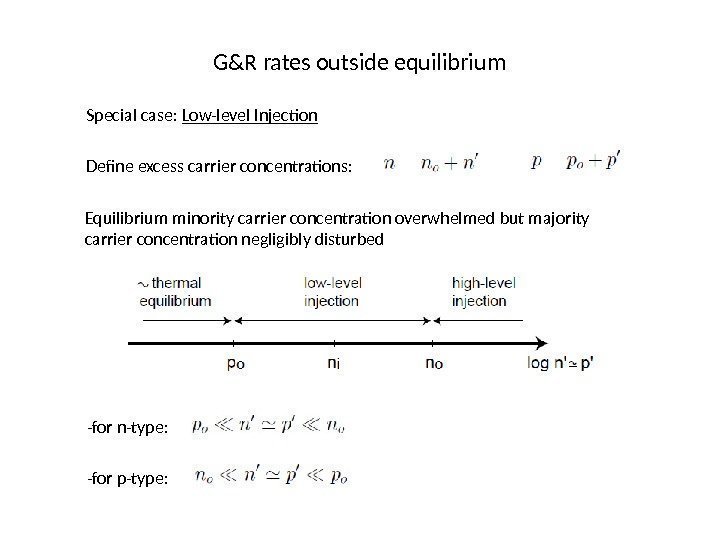 G&R rates outside equilibrium Special case:  Low-level Injection Define excess carrier concentrations: Equilibrium