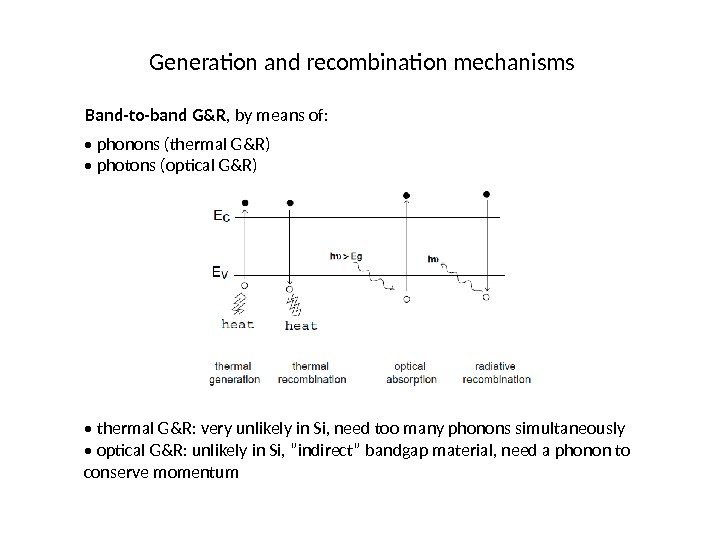 Generation and recombination mechanisms Band-to-band G&R , by means of:  •  phonons