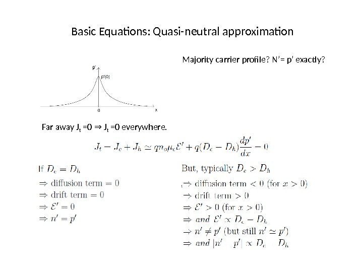 Basic Equations: Quasi-neutral approximation Majority carrier profile? N’= p’ exactly? Far away J t