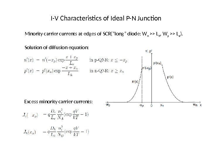 I-V Characteristics of Ideal P-N Junction Minority carrier currents at edges of SCR(”long” diode: