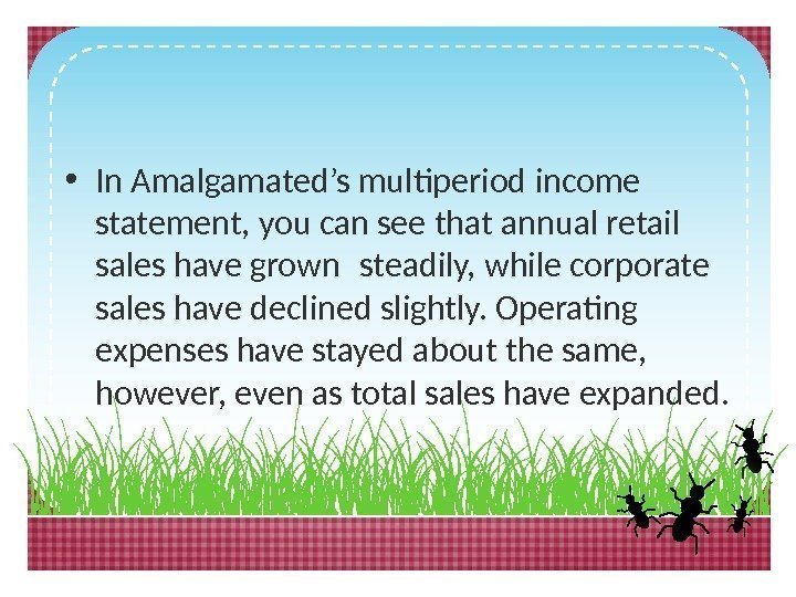  • In Amalgamated’s multiperiod income statement, you can see that annual retail sales