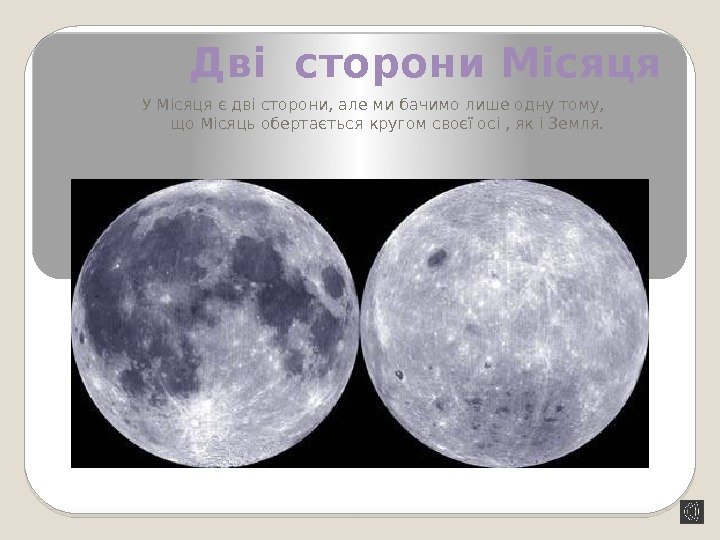 Дві сторони Місяця У Місяця є дві сторони, але ми бачимо лише одну тому,