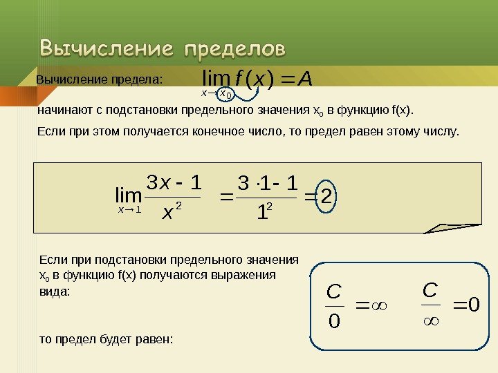 Вычисление предела: Axf xx  )(lim 0 начинают с подстановки предельного значения x 0